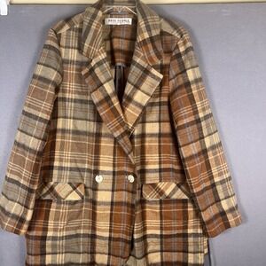 Free People Blazer Womens XL Neutral Brown Mari Heavyweight Wool Blend Plaid
